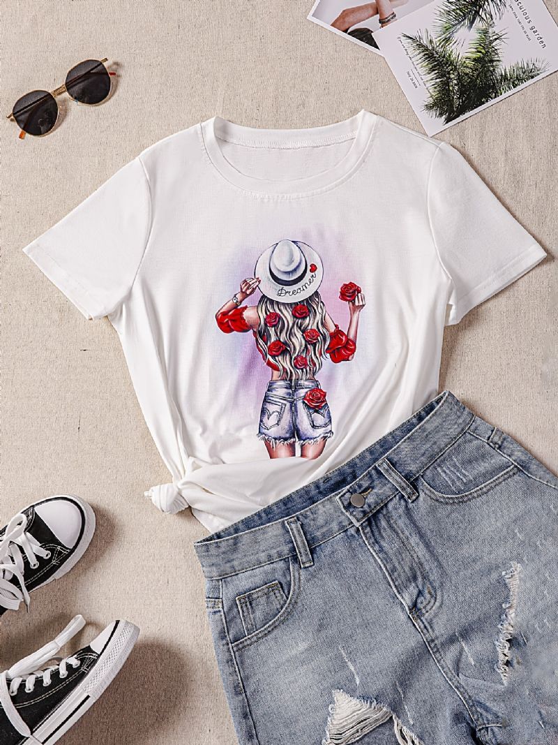 Flower & Tyttöjen Graphic Print Solid T-paita Pyöreäkauluksinen Lyhythihainen Rento Toppi Kevään Ja Kesän Naisten Vaatteisiin