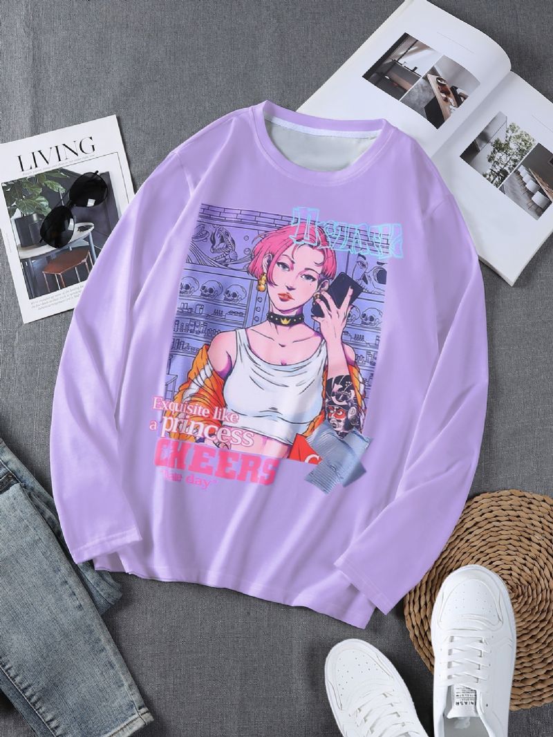 Naisten T-paita Rento Crew Neck Cool Tyttöjen Print Purppura Pitkähihainen