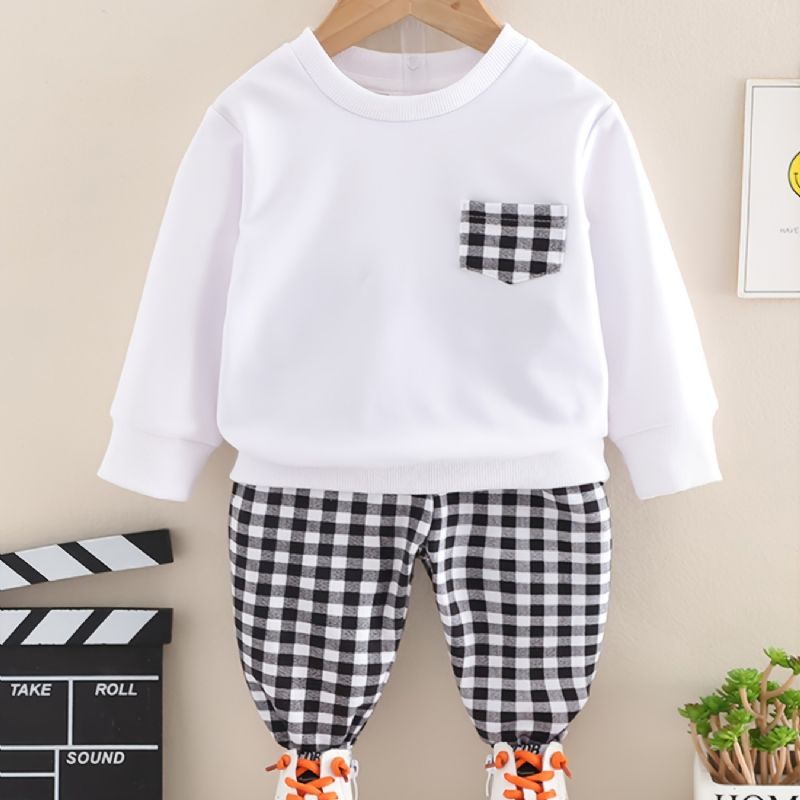 Poikien Solid Plaid Crew Neck Puuvillainen Pitkähihainen T-paita Jogger Collegehousut