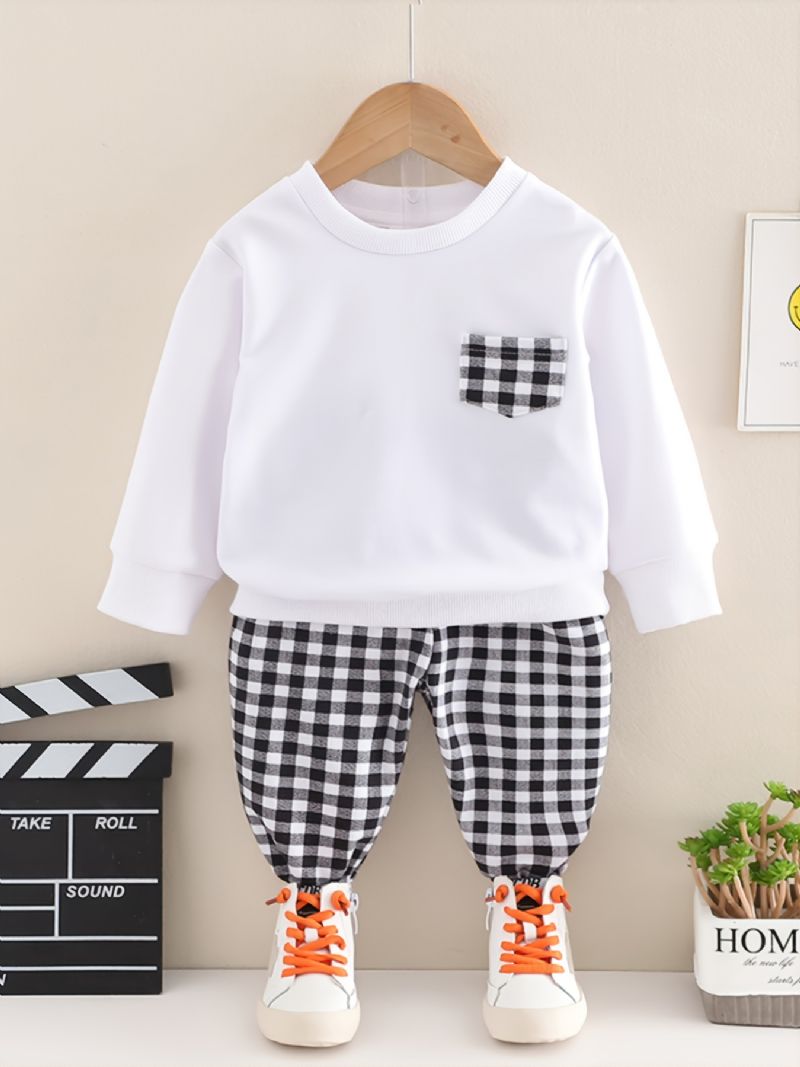 Poikien Solid Plaid Crew Neck Puuvillainen Pitkähihainen T-paita Jogger Collegehousut