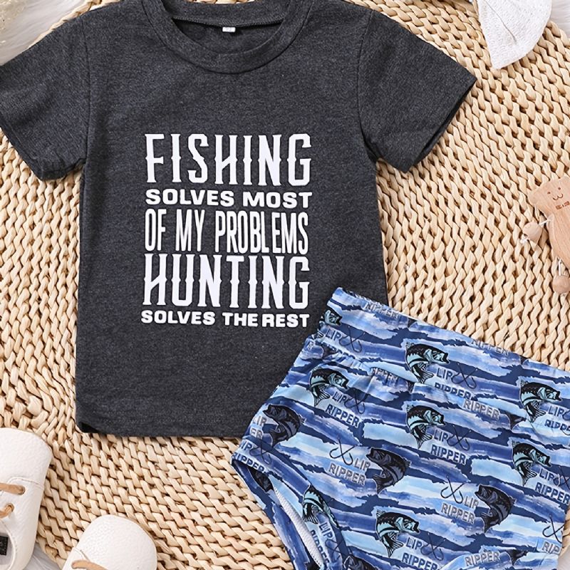 Tytöt Kausaalinen Fishing Print T-paita & Fish Shortsit & Bow Head Tie Rope
