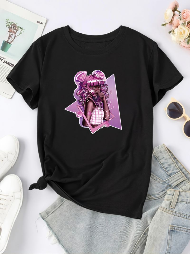 Tyttö Muotokuvaprintti Crew Neck T-paita Rento Löysä Lyhythihainen Muoti Kesä T-paidat Topit Naisten Vaatteet