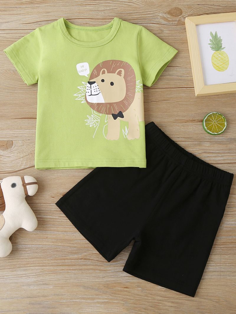 Vauvan Poikien Casual Cartoon Lion Print T-paita & Solid Shortsit Setti