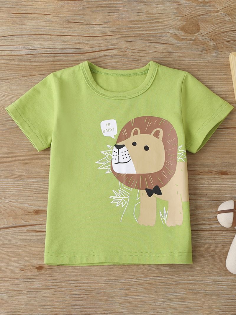 Vauvan Poikien Casual Cartoon Lion Print T-paita & Solid Shortsit Setti