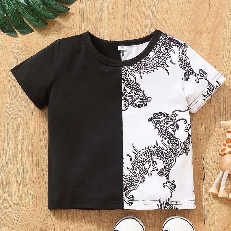 Vauvan Poikien Casual Color Block Dragon Print T-paita Lyhythihainen Crew Neck Top Valkoinen Musta