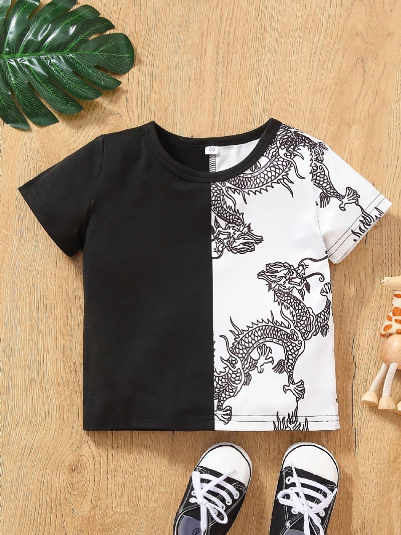 Vauvan Poikien Casual Color Block Dragon Print T-paita Lyhythihainen Crew Neck Top Valkoinen Musta