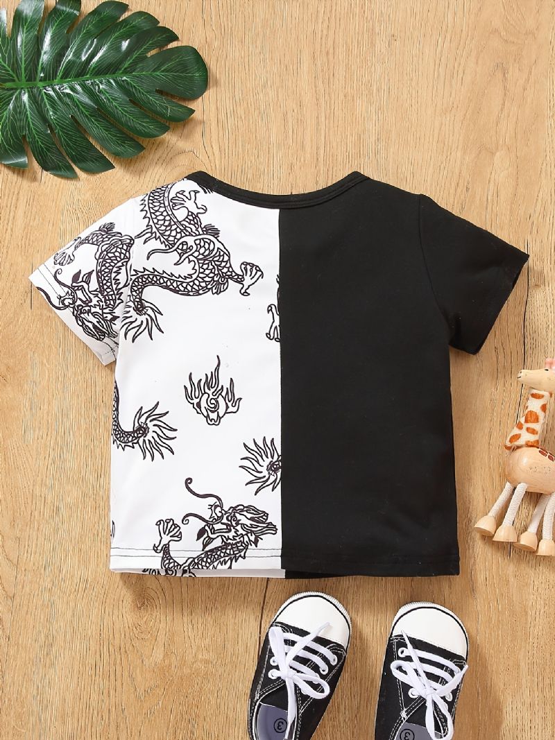 Vauvan Poikien Casual Color Block Dragon Print T-paita Lyhythihainen Crew Neck Top Valkoinen Musta