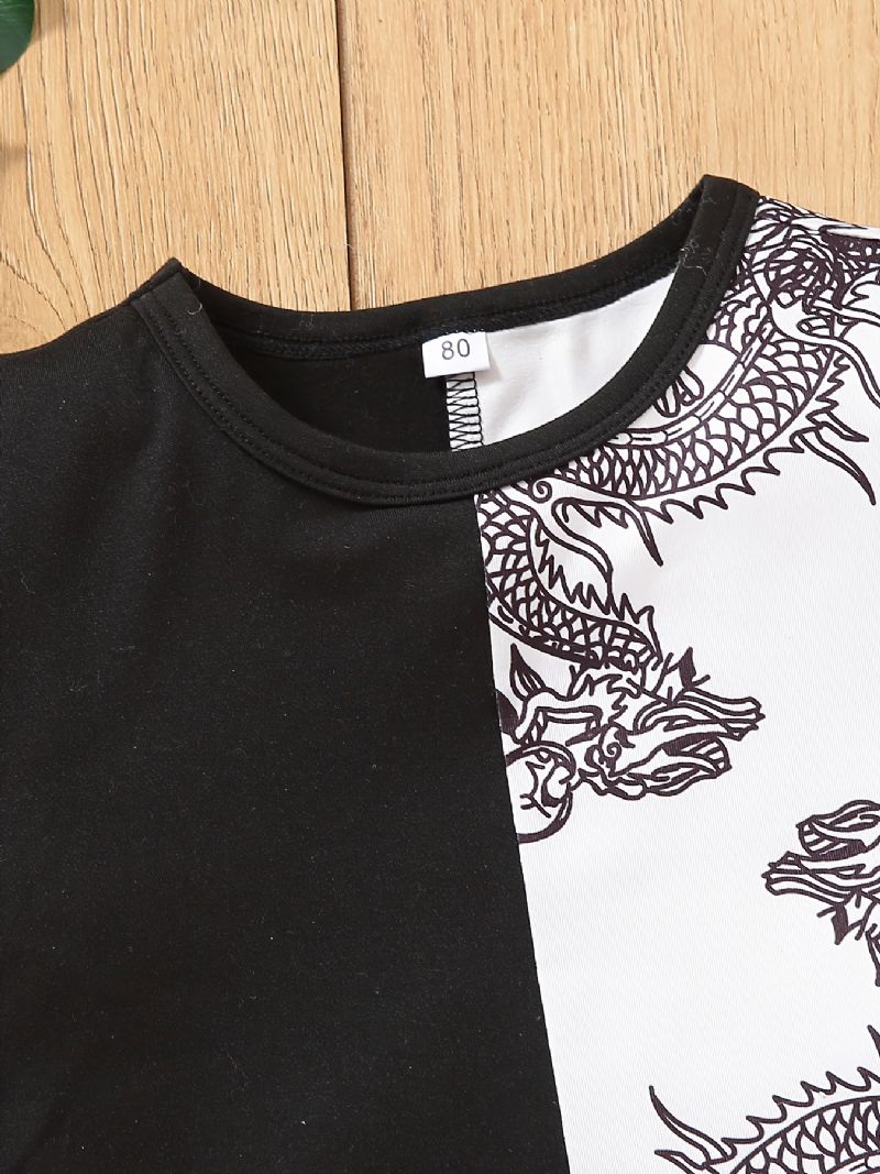 Vauvan Poikien Casual Color Block Dragon Print T-paita Lyhythihainen Crew Neck Top Valkoinen Musta