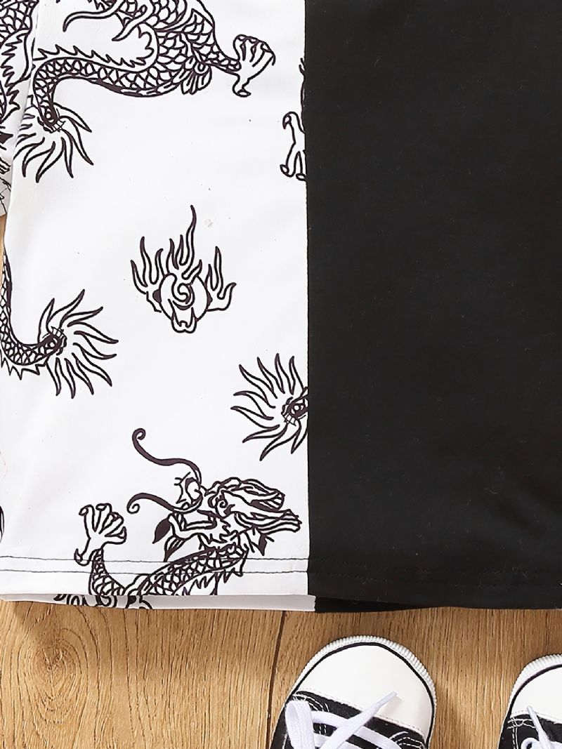 Vauvan Poikien Casual Color Block Dragon Print T-paita Lyhythihainen Crew Neck Top Valkoinen Musta