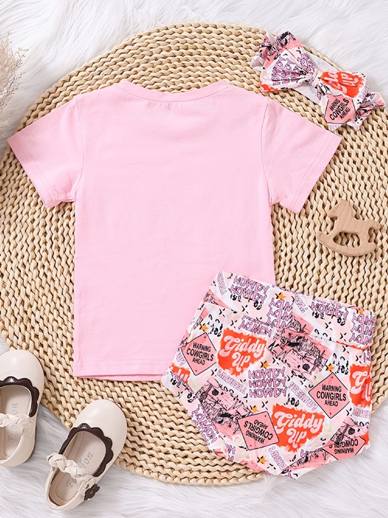 Vauvan Tyttöjen Crew Neck T-paita Ja Graafinen Kuviollinen Lyhyt & Päänauhasetti Vauvanvaateasu