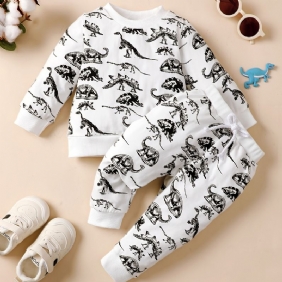 2 Kpl Toddler Poikien Dinosaur Print Crew Neck Collegepaita Ja Kiristysnyörihousut