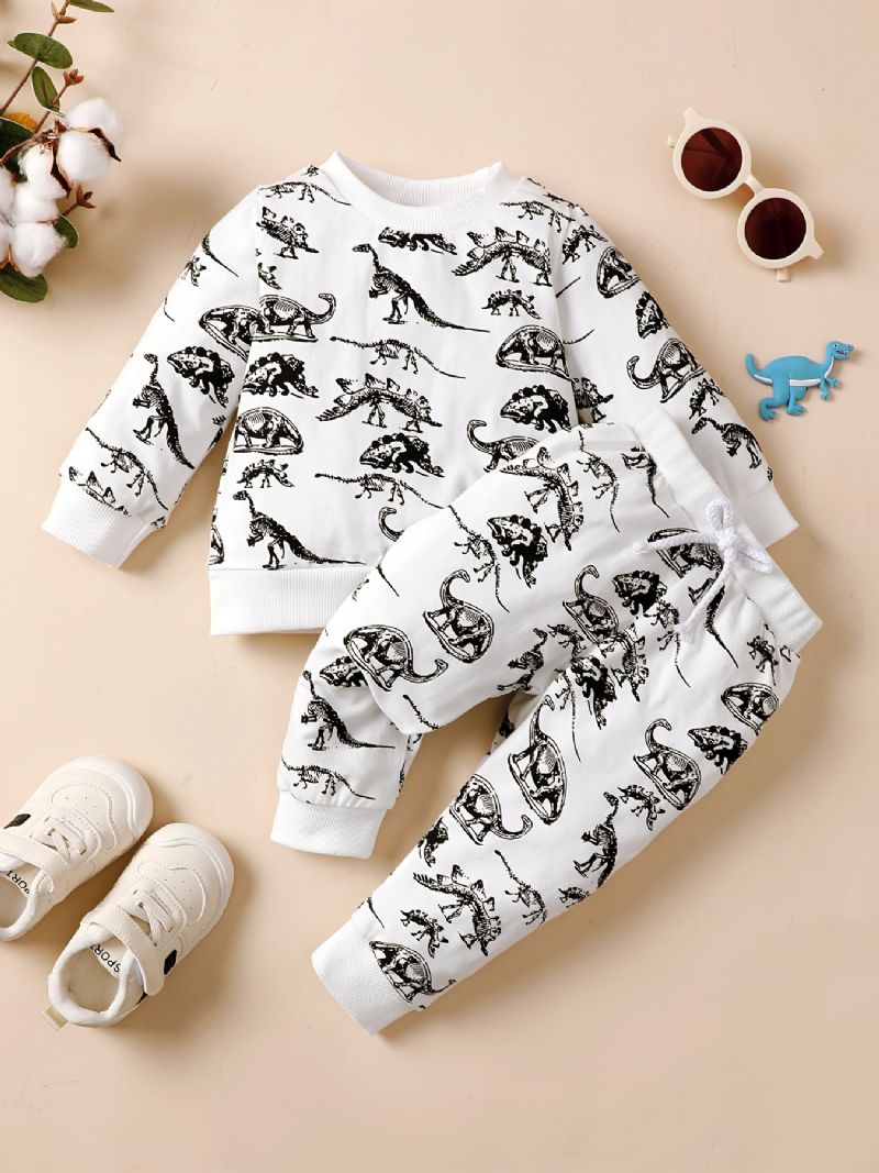 2 Kpl Toddler Poikien Dinosaur Print Crew Neck Collegepaita Ja Kiristysnyörihousut