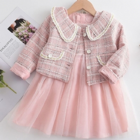 2 Kpl Toddler Tyttöjen Verkkohame & Gingham Sleeve Top Setti