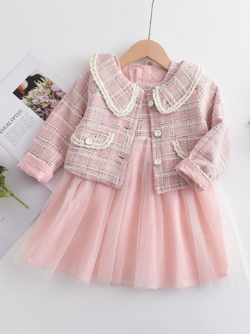 2 Kpl Toddler Tyttöjen Verkkohame & Gingham Sleeve Top Setti