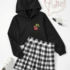 2 Kpl Tyttöjen Hoodie Fruit Print Pitkähihainen Huppari & Ruudullinen Hamesetti