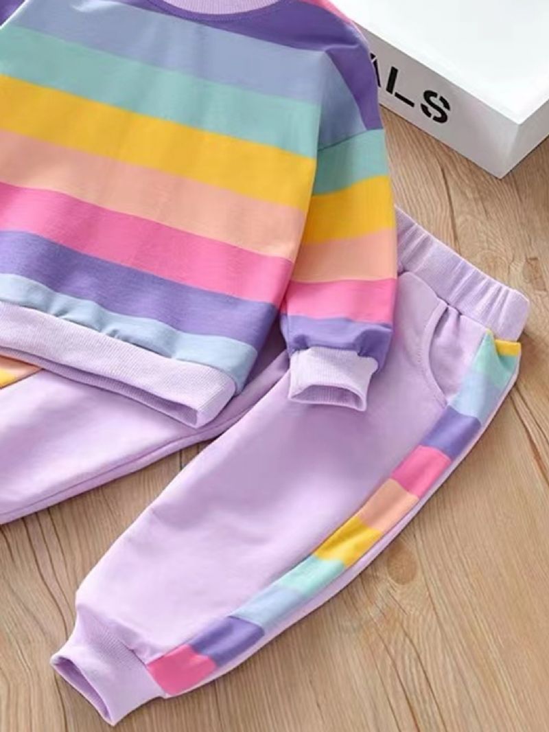 2 Kpl Tyttöjen Neulepusero Rainbow-raidallinen Villapaita Ja Housutsetti Lasten Vaatteet
