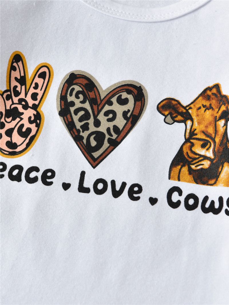 2 Kpl Tyttöjen Peace Love Cows Pitkähihaiset Topit & Lehmänkuvioinen Levenevä Housusarja