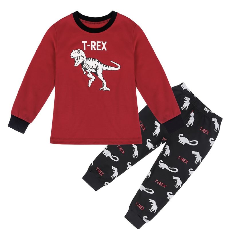 2kpl Lasten Poikien Pyjama Sarjakuva Dinosaur Print Pyöreäkauluksinen Pitkähihainen Toppi & Housusetti