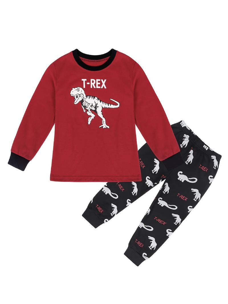 2kpl Lasten Poikien Pyjama Sarjakuva Dinosaur Print Pyöreäkauluksinen Pitkähihainen Toppi & Housusetti