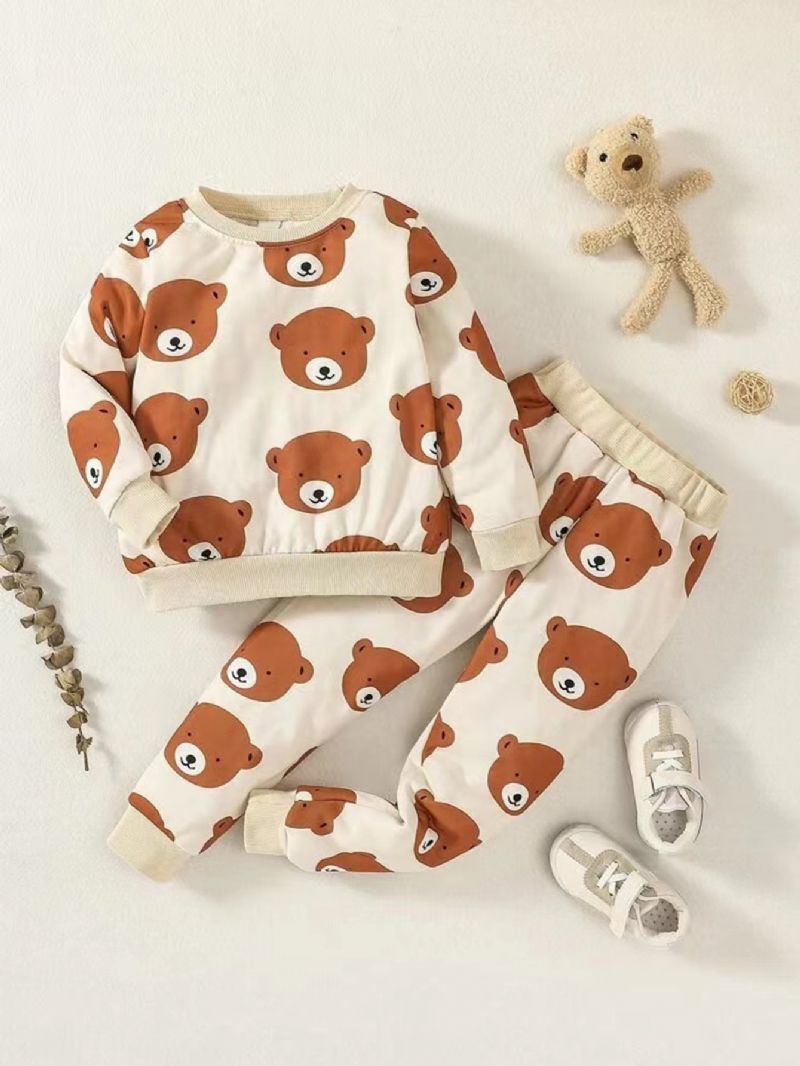 2kpl Poikien Bear Cartoon Print Casual Sweatshirt & Housut Setti