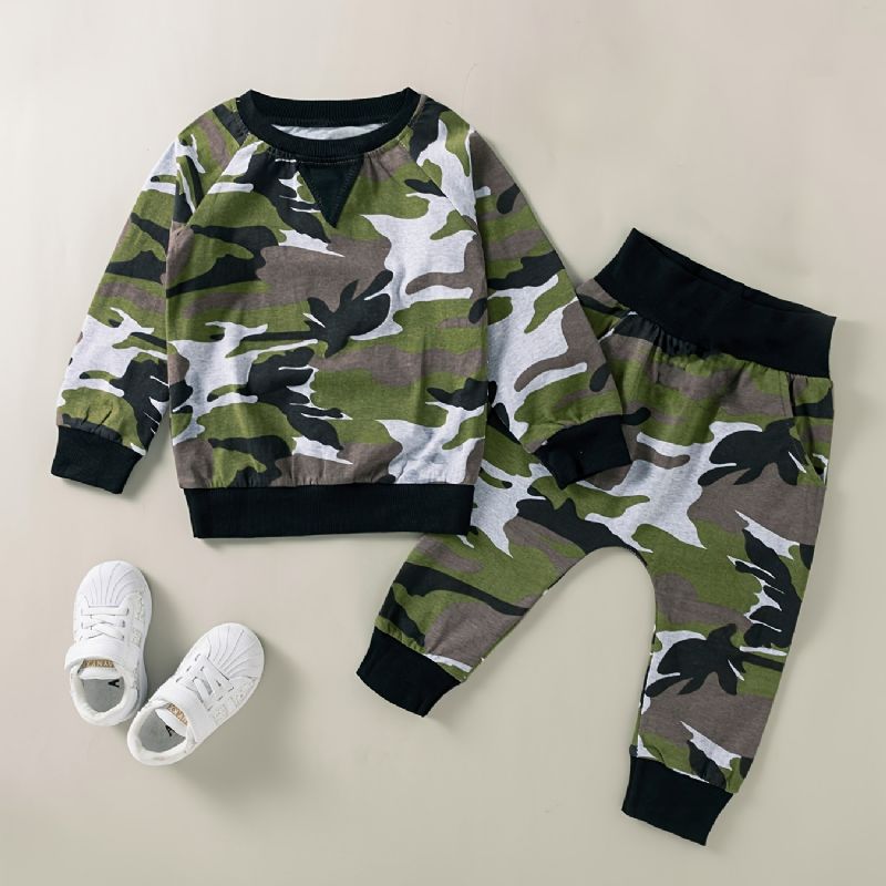 2kpl Poikien Camo Print Sweatshirt Housut Setti