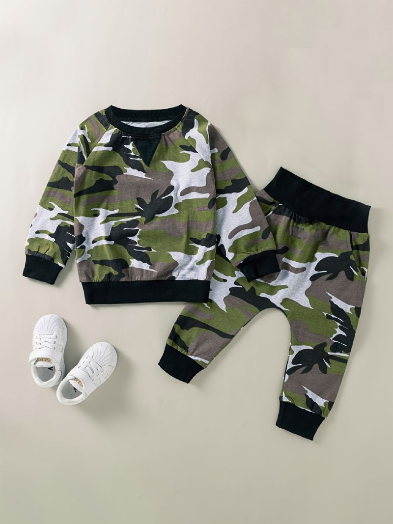 2kpl Poikien Camo Print Sweatshirt Housut Setti