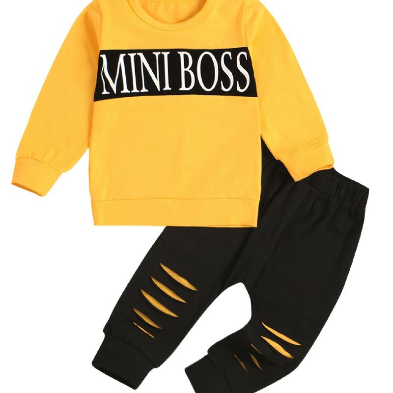 2kpl Poikien Casual Set Mini Boss Print Active Puseropusero Ja Revityt Collegehousut Talveksi