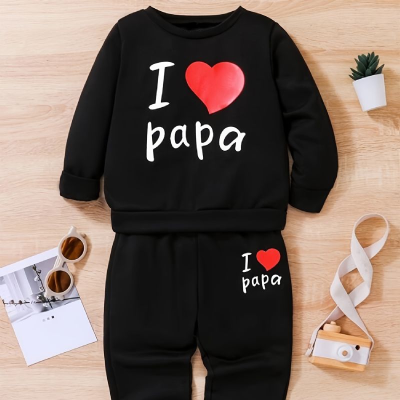 2kpl Poikien Kausaalinen Active Set I Love Papa Print Pullover Huppari & Collegehousut Talveksi