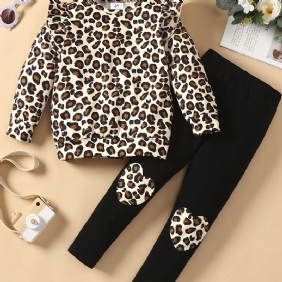 2kpl Taaperotyttösetti Syksyllä Ja Talvella Uudet Lasten Leopard Solid Top & Patchwork Housut Settiti