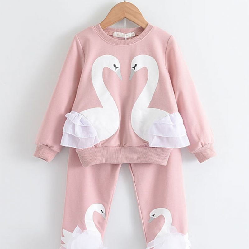 2kpl Toddler Tyttöjen Swan Print Pitkähihainen T-paita + Housusetti