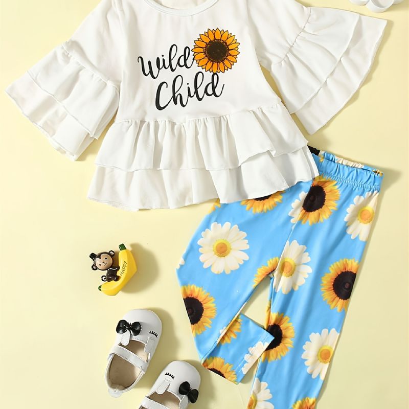 2kpl Tyttöjen Set Casual Sunflower Print Cotton Top & Housut Setti