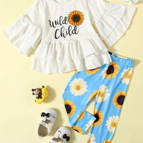 2kpl Tyttöjen Set Casual Sunflower Print Cotton Top & Housut Setti