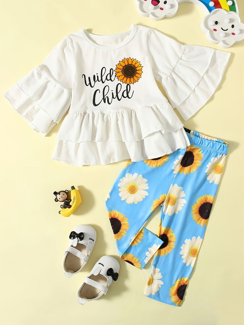 2kpl Tyttöjen Set Casual Sunflower Print Cotton Top & Housut Setti