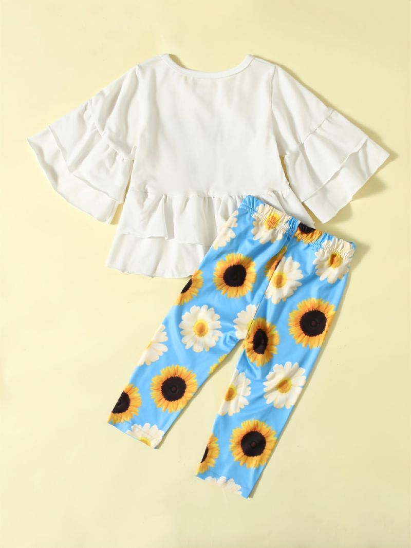 2kpl Tyttöjen Set Casual Sunflower Print Cotton Top & Housut Setti