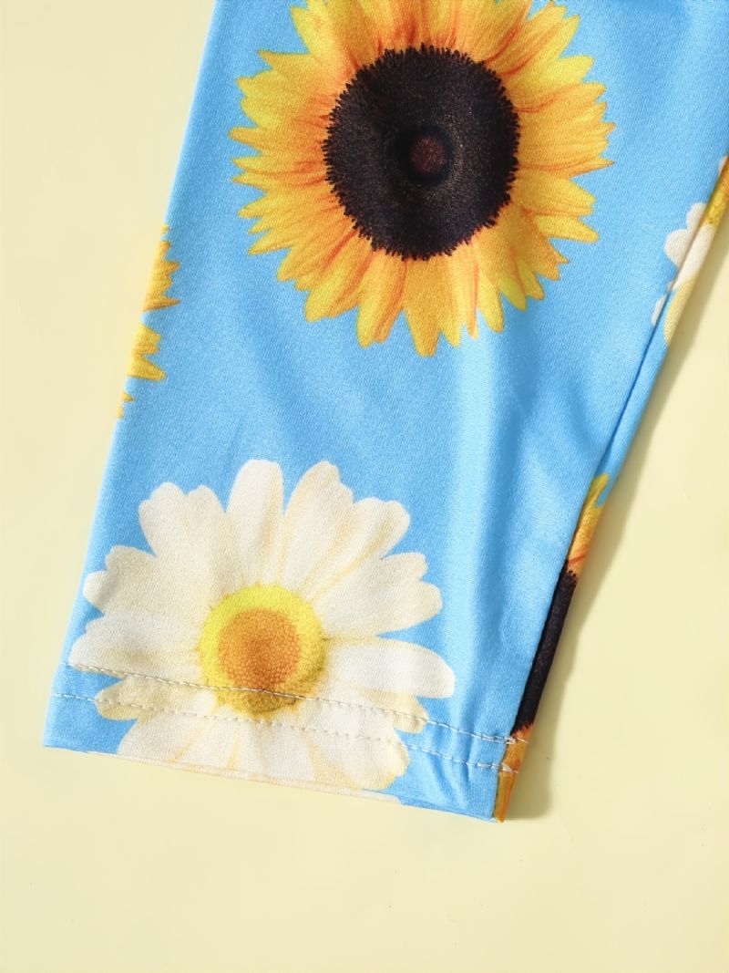 2kpl Tyttöjen Set Casual Sunflower Print Cotton Top & Housut Setti
