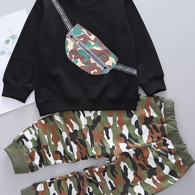 2kpl Vauvan Camouflage Schoolbag Print Pullover Pyöreäkauluksinen Pitkähihainen Collegepaita Ja Housutsetti Pojille