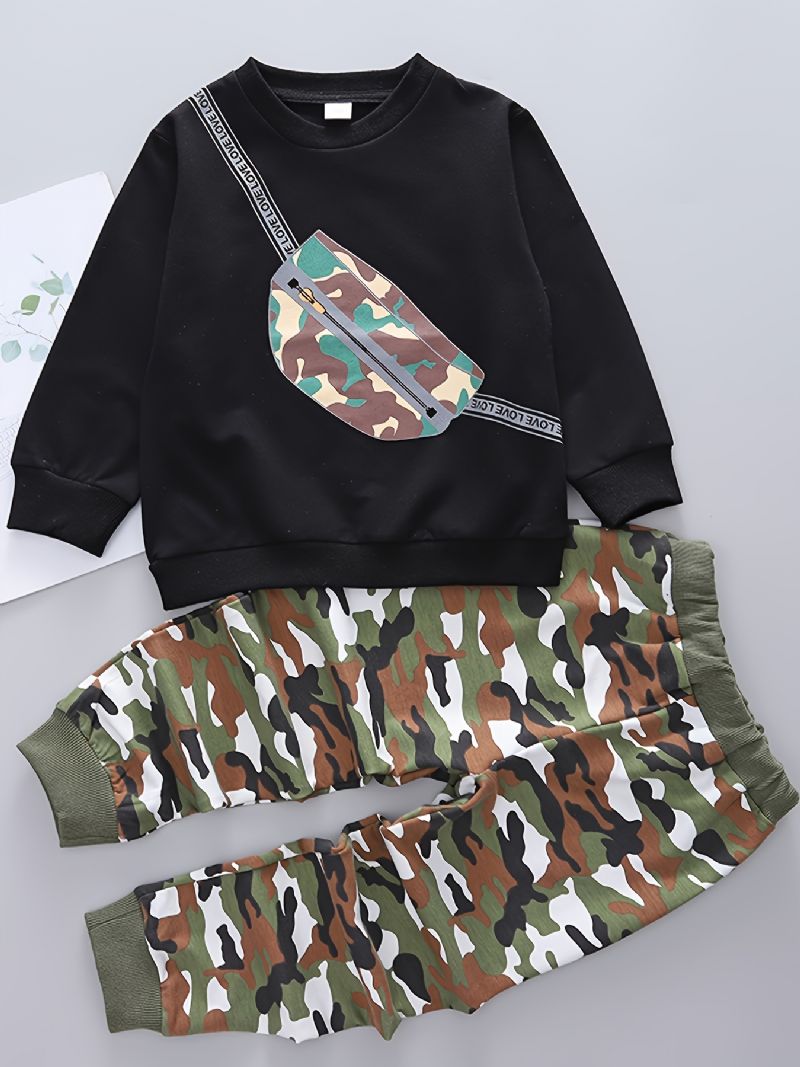 2kpl Vauvan Camouflage Schoolbag Print Pullover Pyöreäkauluksinen Pitkähihainen Collegepaita Ja Housutsetti Pojille