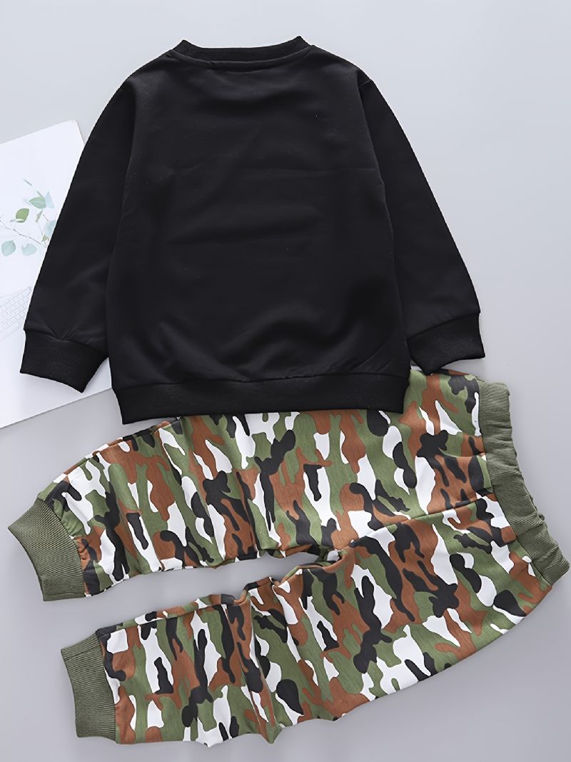 2kpl Vauvan Camouflage Schoolbag Print Pullover Pyöreäkauluksinen Pitkähihainen Collegepaita Ja Housutsetti Pojille