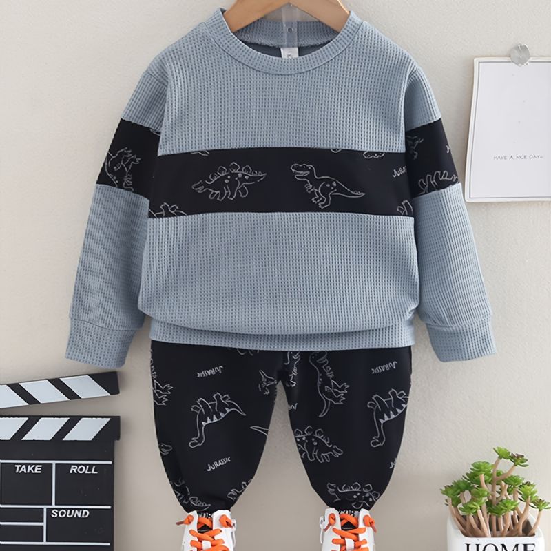 2kpl Vauvan Dinosaur Print Splicing Pullover Pyöreäkauluksinen Pitkähihainen Collegepaita Ja Housutsetti Tytöille Pojille