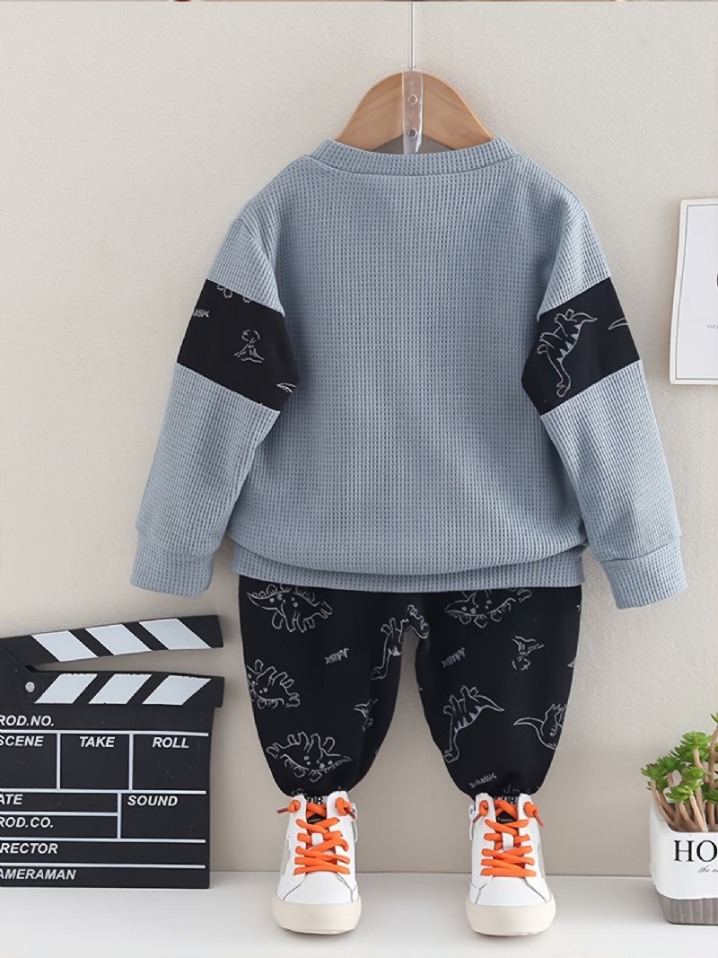 2kpl Vauvan Dinosaur Print Splicing Pullover Pyöreäkauluksinen Pitkähihainen Collegepaita Ja Housutsetti Tytöille Pojille