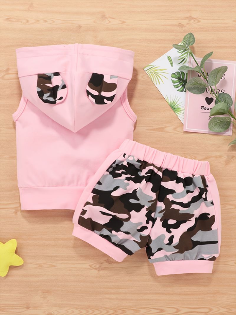 2kpl Vauvan Tyttöjen Set Casual Colorblock Camouflage Print Hihaton Huppari Ja Joustava Vyötäröshortsisetti