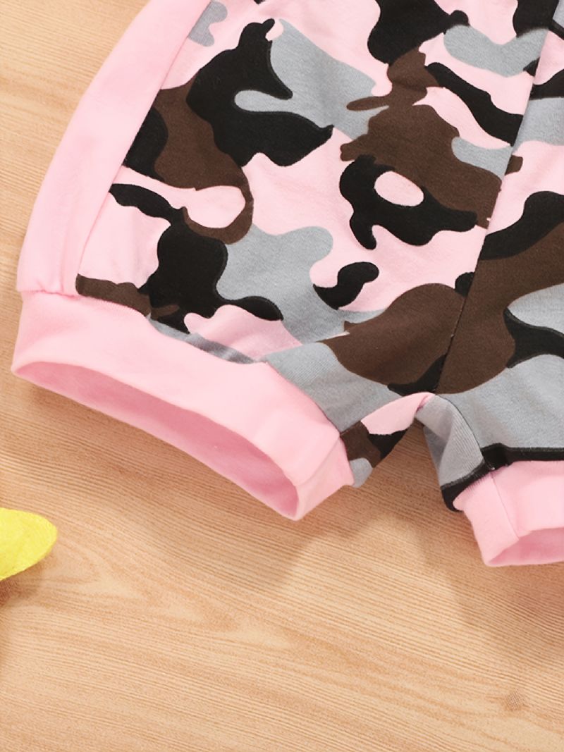 2kpl Vauvan Tyttöjen Set Casual Colorblock Camouflage Print Hihaton Huppari Ja Joustava Vyötäröshortsisetti
