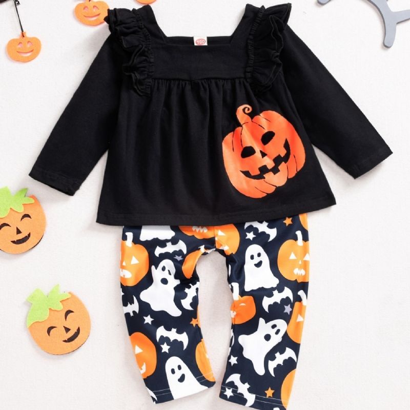 2ps Tyttöjen Halloween Black Pumpkin Top & Ghost Housut Settiti