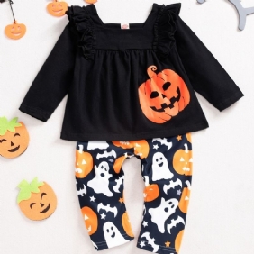 2ps Tyttöjen Halloween Black Pumpkin Top & Ghost Housut Settiti