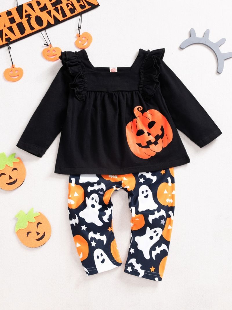 2ps Tyttöjen Halloween Black Pumpkin Top & Ghost Housut Settiti