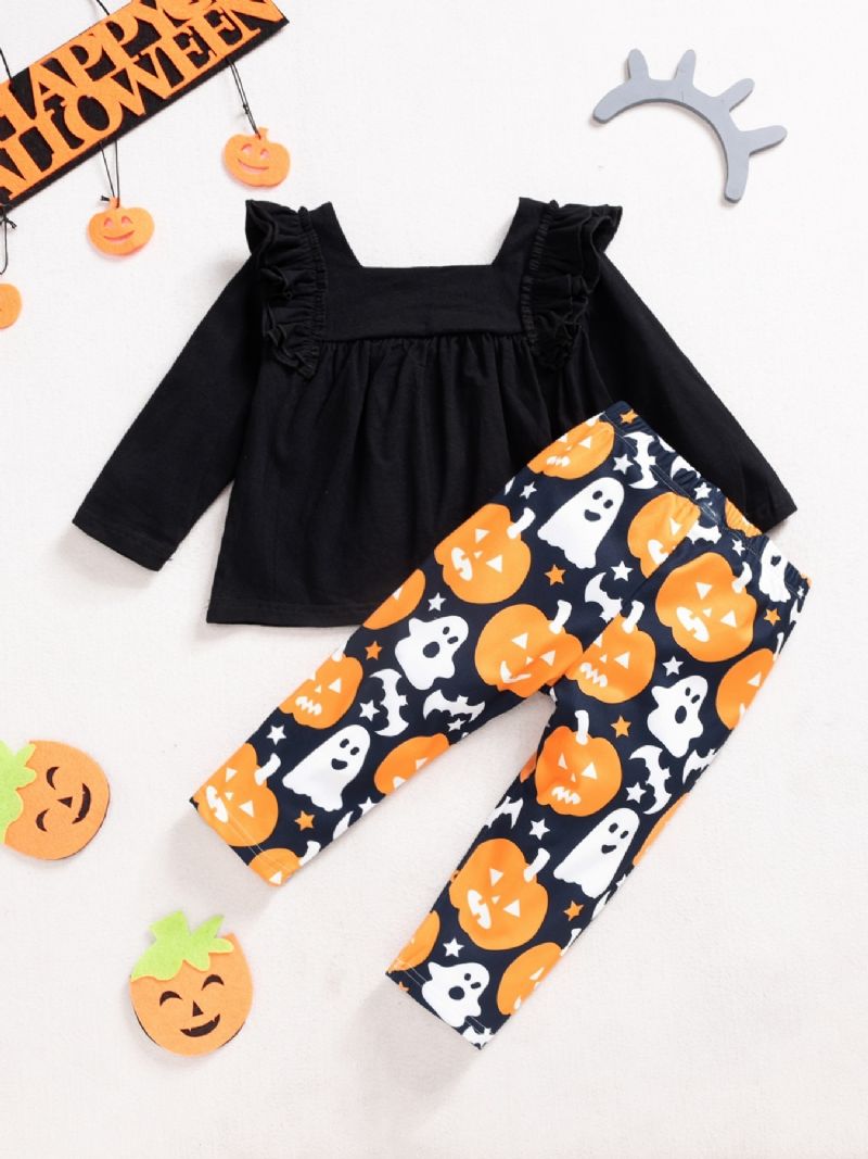 2ps Tyttöjen Halloween Black Pumpkin Top & Ghost Housut Settiti