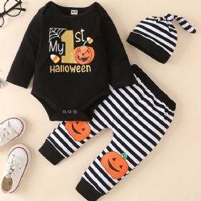 3 Kpl Infants Vauvan Pumpkin Print Pitkähihainen Housu Ja Hattusarja Pojille Ja Tytöille