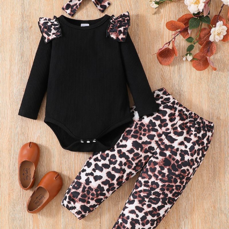 3 Kpl Toddler Tyttöjen Leopard Print Hihainen Pyöreäkauluksinen Body Ja Leopardihoususetti