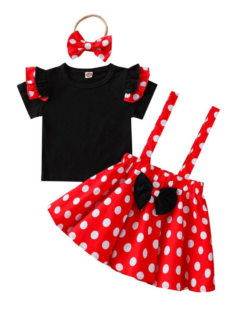 3 Kpl Tyttöjen Pieni Lentävä Hihainen Musta Top & Punainen Polka Dot Suspender Hame & Rusetti