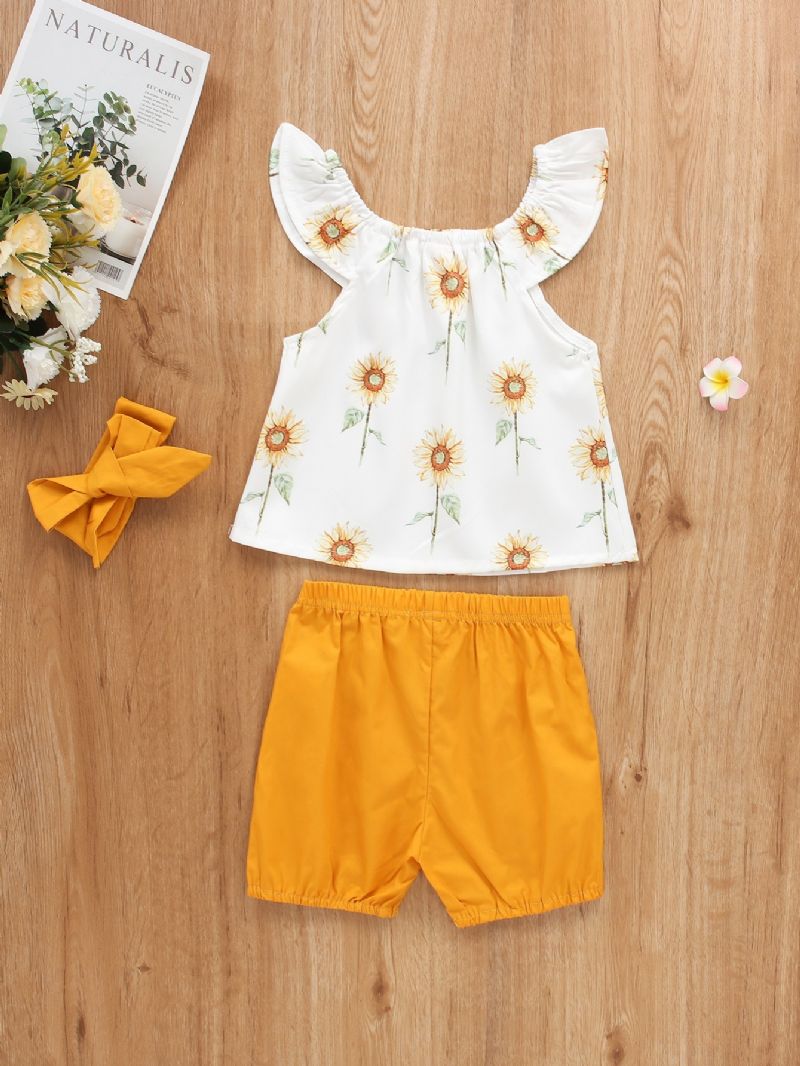 3 Kpl Tyttöjen Sunflower Print Cami Top & Solid Color Shortsit & Hiusnauhasetti